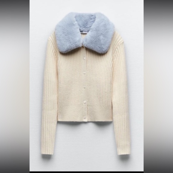 Zara Sweaters - Cream Ribbed Button-Front Sweater with Light Blue Faux Fur Collar
